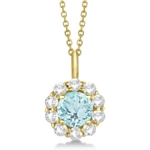 Halo Diamond and Aquamarine Lady Di Pendant Necklace 14K Yellow Gold 1.69ct - All
