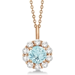 Halo Diamond and Aquamarine Lady Di Pendant Necklace 14K Rose Gold 1.69ct - All