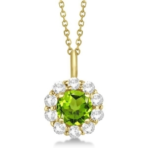 Halo Diamond and Peridot Lady Di Pendant Necklace 14K Yellow Gold 1.69ct - All