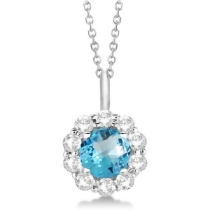 Halo Diamond and Blue Topaz Lady Di Pendant Necklace 14K White Gold 1.69ct - All