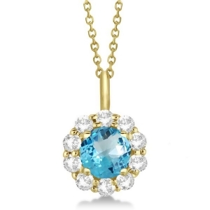 Halo Diamond and Blue Topaz Lady Di Pendant Necklace 14K Yellow Gold 1.69ct - All