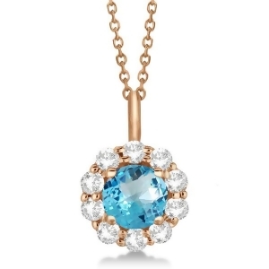 Halo Diamond and Blue Topaz Lady Di Pendant Necklace 14K Rose Gold 1.69ct - All