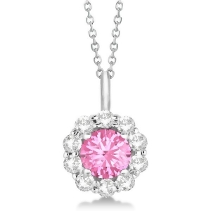 Halo Diamond and Pink Tourmaline Lady Di Pendant Necklace 14K White Gold 1.69ct - All