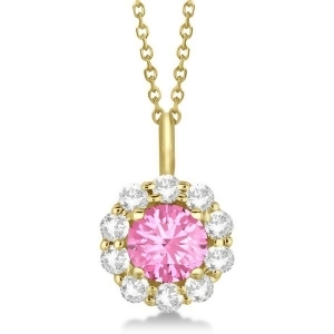 Halo Diamond and Pink Tourmaline Lady Di Pendant Necklace 14K Yellow Gold 1.69ct - All