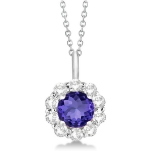 Halo Diamond and Tanzanite Lady Di Pendant Necklace 14K White Gold 1.69ct - All