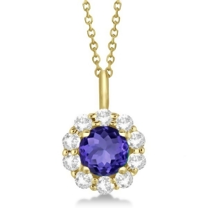 Halo Diamond and Tanzanite Lady Di Pendant Necklace 14K Yellow Gold 1.69ct - All
