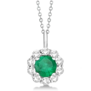 Halo Diamond and Emerald Lady Di Pendant Necklace 14K White Gold 1.69ct - All