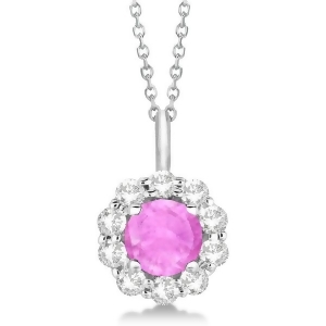 Halo Diamond and Pink Sapphire Lady Di Pendant Necklace 18k White Gold 1.69ct - All