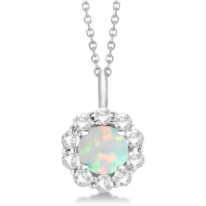 Halo Diamond and Opal Lady Di Pendant Necklace 18k White Gold 1.69ct - All