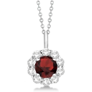 Halo Diamond and Garnet Lady Di Pendant Necklace 18k White Gold 1.69ct - All