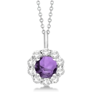 Halo Diamond and Amethyst Lady Di Pendant Necklace 18k White Gold 1.69ct - All