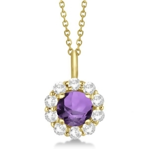 Halo Diamond and Amethyst Lady Di Pendant Necklace 18k Yellow Gold 1.69ct - All