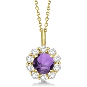 Halo Diamond and Amethyst Lady Di Pendant Necklace 14K Yellow Gold 1.69ct - All