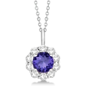 Halo Diamond and Tanzanite Lady Di Pendant Necklace 18k White Gold 1.69ct - All