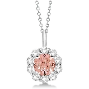 Halo Diamond and Morganite Lady Di Pendant Necklace 18k White Gold 1.69ct - All