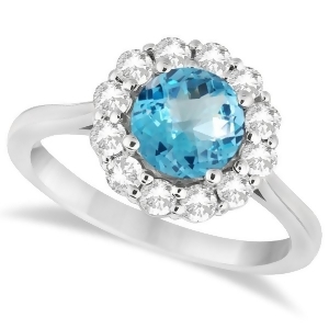 Halo Diamond Accented and Blue Topaz Lady Di Ring 14K White Gold 2.14ct - All