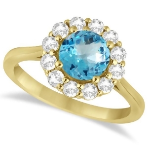 Halo Diamond Accented and Blue Topaz Lady Di Ring 14K Yellow Gold 2.14ct - All