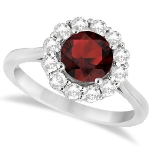 Halo Diamond Accented and Garnet Lady Di Ring 14K White Gold 2.14ct - All