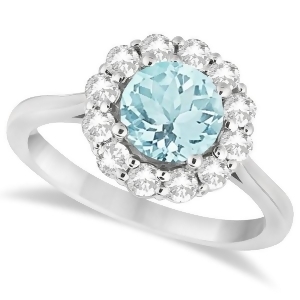 Halo Diamond Accented and Aquamarine Lady Di Ring 14K White Gold 2.14ct - All