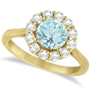Halo Diamond Accented and Aquamarine Lady Di Ring 18k Yellow Gold 2.14ct - All