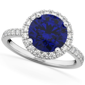 Halo Blue Sapphire and Diamond Engagement Ring 14K White Gold 2.80ct - All