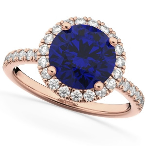 Halo Blue Sapphire and Diamond Engagement Ring 14K Rose Gold 2.80ct - All