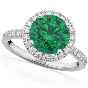 Halo Emerald and Diamond Engagement Ring 14K White Gold 2.80ct - All