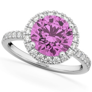 Halo Pink Sapphire and Diamond Engagement Ring 14K White Gold 2.80ct - All