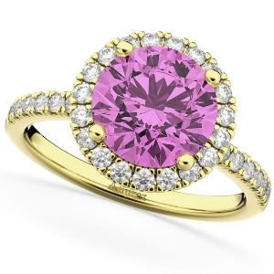Halo Pink Sapphire and Diamond Engagement Ring 14K Yellow Gold 2.80ct - All