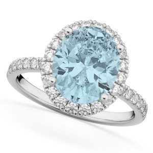 Oval Cut Halo Aquamarine and Diamond Engagement Ring 14K White Gold 2.76ct - All