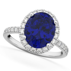 Oval Cut Halo Blue Sapphire and Diamond Engagement Ring 14K White Gold 3.66ct - All