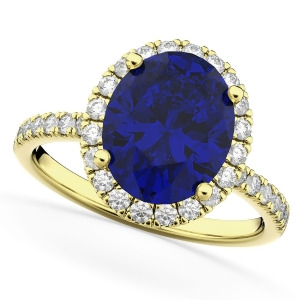 Oval Cut Halo Blue Sapphire and Diamond Engagement Ring 14K Yellow Gold 3.66ct - All