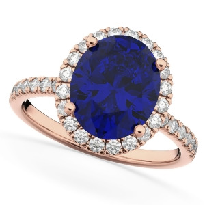 Oval Cut Halo Blue Sapphire and Diamond Engagement Ring 14K Rose Gold 3.66ct - All