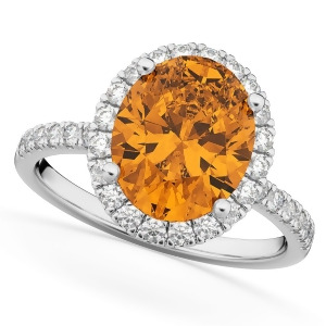 Oval Cut Halo Citrine and Diamond Engagement Ring 14K White Gold 2.91ct - All