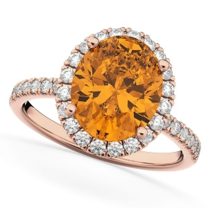 Oval Cut Halo Citrine and Diamond Engagement Ring 14K Rose Gold 2.91ct - All