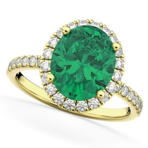Oval Cut Halo Emerald and Diamond Engagement Ring 14K Yellow Gold 3.11ct - All