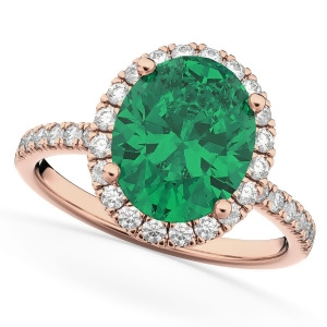 Oval Cut Halo Emerald and Diamond Engagement Ring 14K Rose Gold 3.11ct - All