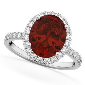 Oval Cut Halo Garnet and Diamond Engagement Ring 14K White Gold 3.31ct - All