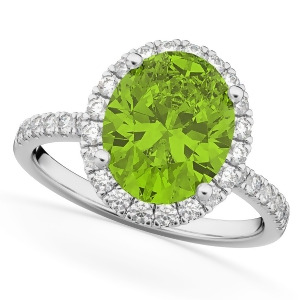 Oval Cut Halo Peridot and Diamond Engagement Ring 14K White Gold 3.01ct - All