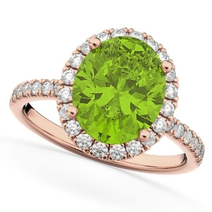 Oval Cut Halo Peridot and Diamond Engagement Ring 14K Rose Gold 3.01ct - All