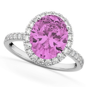 Oval Cut Halo Pink Sapphire and Diamond Engagement Ring 14K White Gold 3.66ct - All