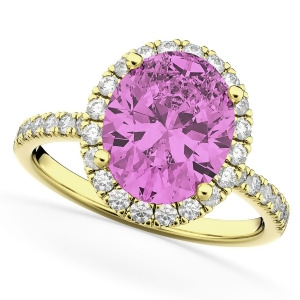 Oval Cut Halo Pink Sapphire and Diamond Engagement Ring 14K Yellow Gold 3.66ct - All