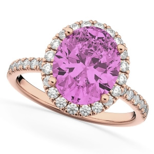 Oval Cut Halo Pink Sapphire and Diamond Engagement Ring 14K Rose Gold 3.66ct - All