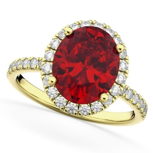 Oval Cut Halo Ruby and Diamond Engagement Ring 14K Yellow Gold 3.66ct - All