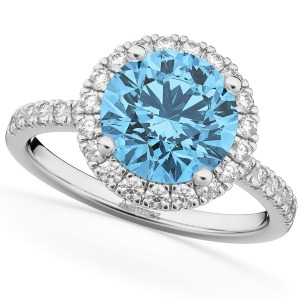 Halo Blue Topaz and Diamond Engagement Ring 14K White Gold 3.00ct - All