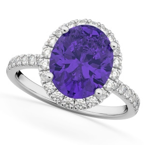Oval Cut Halo Tanzanite and Diamond Engagement Ring 14K White Gold 3.66ct - All