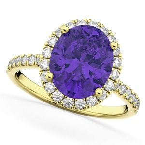 Oval Cut Halo Tanzanite and Diamond Engagement Ring 14K Yellow Gold 3.66ct - All