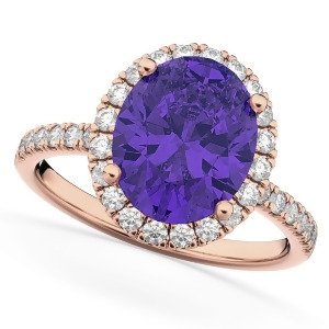 Oval Cut Halo Tanzanite and Diamond Engagement Ring 14K Rose Gold 3.66ct - All