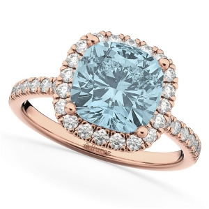Cushion Cut Halo Aquamarine and Diamond Engagement Ring 14k Rose Gold 3.11ct - All