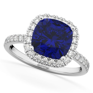 Cushion Cut Halo Blue Sapphire and Diamond Engagement Ring 14k White Gold 3.11ct - All